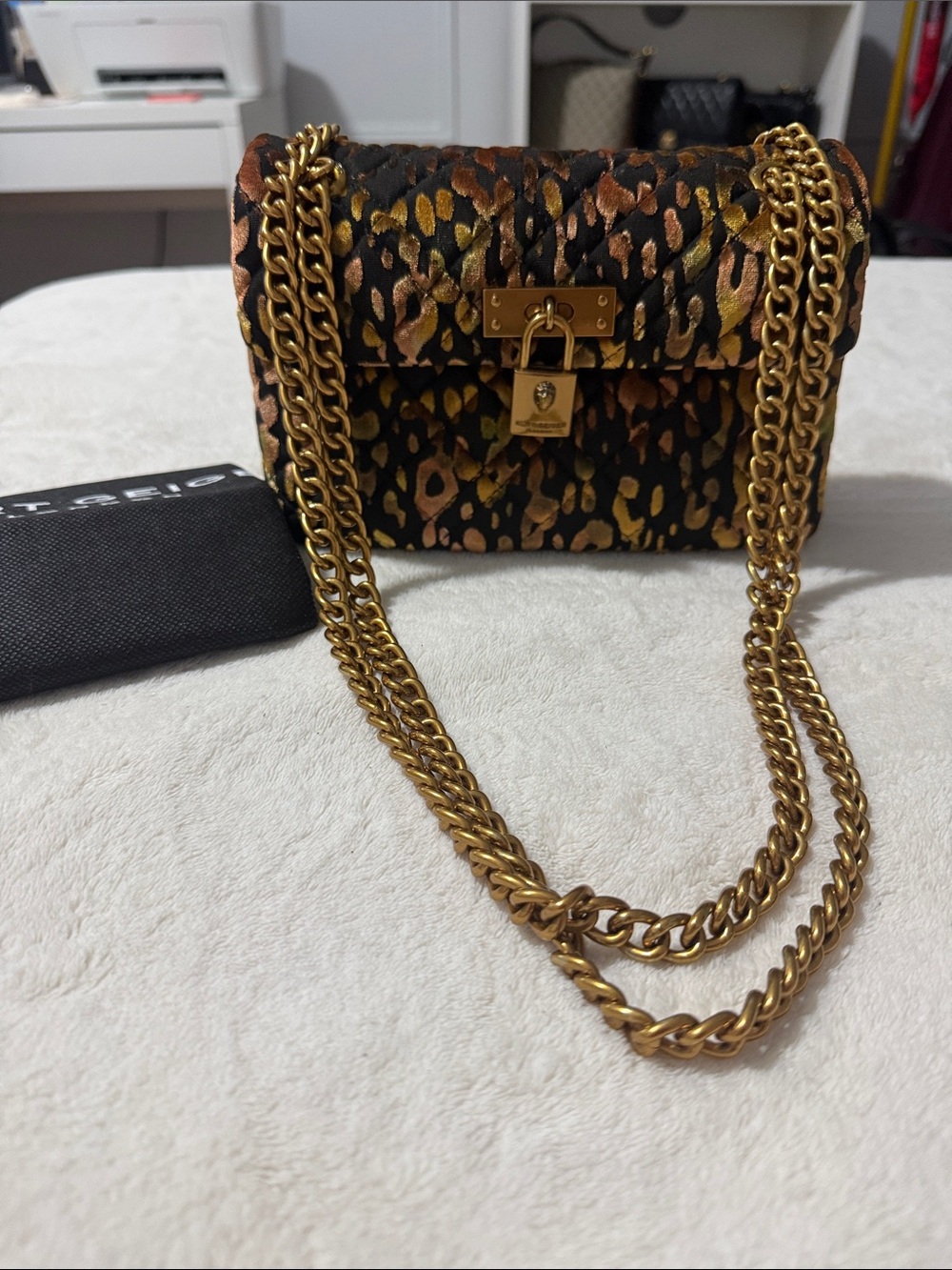 Kurt Geiger Mini Brixton Leopard Print Quilted Velvet with Gold Chain